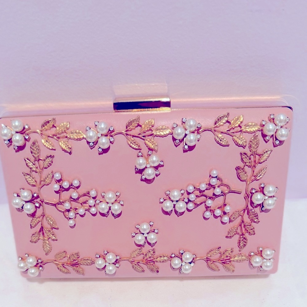 New Pink Evening Clutch with Pearl and Gold Accents and Sophisticated Detailing